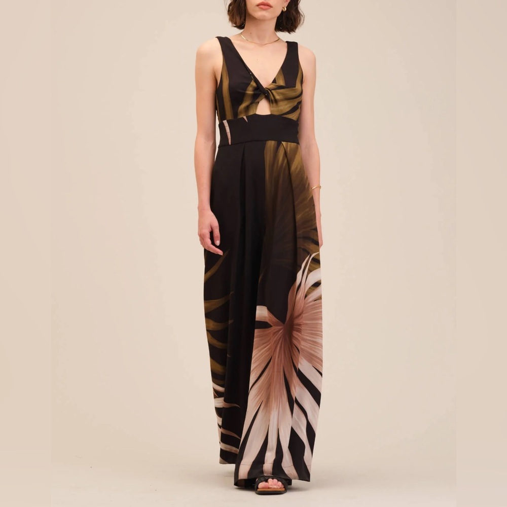 Catherine Malandrino Tropical Palm Print Sleeveless Jumpsuit Size 12 Black NWT